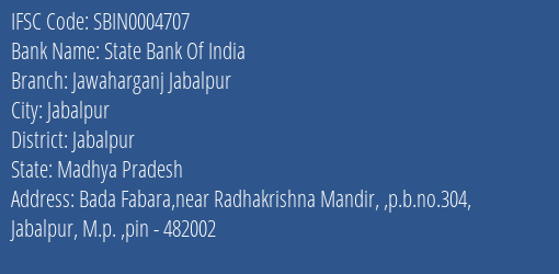 State Bank Of India Jawaharganj Jabalpur Branch IFSC Code