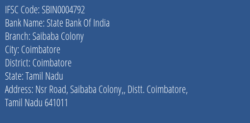 State Bank Of India Saibaba Colony Branch Coimbatore IFSC Code SBIN0004792