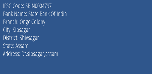 State Bank Of India Ongc Colony Branch Shivsagar IFSC Code SBIN0004797