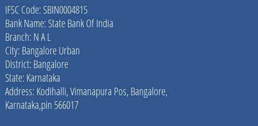 State Bank Of India N A L Branch Bangalore IFSC Code SBIN0004815