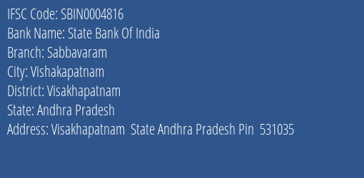 State Bank Of India Sabbavaram Branch Visakhapatnam IFSC Code SBIN0004816