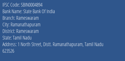 State Bank Of India Rameswaram Branch Rameswaram IFSC Code SBIN0004894