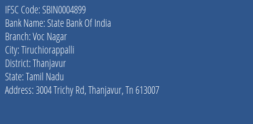 State Bank Of India Voc Nagar Branch Thanjavur IFSC Code SBIN0004899