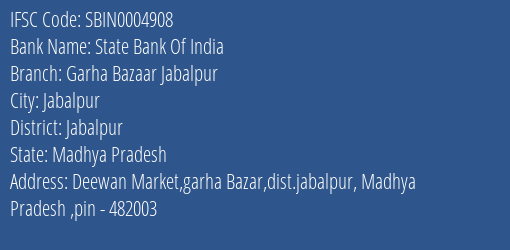 State Bank Of India Garha Bazaar Jabalpur Branch IFSC Code
