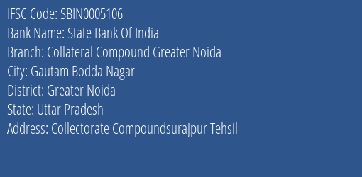 State Bank Of India Collateral Compound Greater Noida Branch, Branch Code 005106 & IFSC Code SBIN0005106
