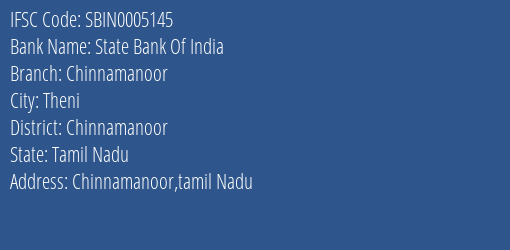 State Bank Of India Chinnamanoor Branch, Branch Code 005145 & IFSC Code Sbin0005145