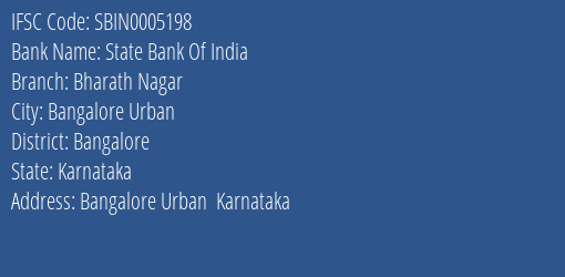 State Bank Of India Bharath Nagar Branch Bangalore IFSC Code SBIN0005198