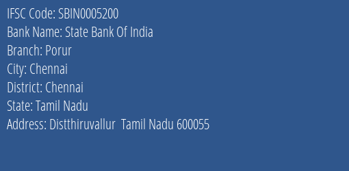 State Bank Of India Porur Branch, Branch Code 005200 & IFSC Code Sbin0005200