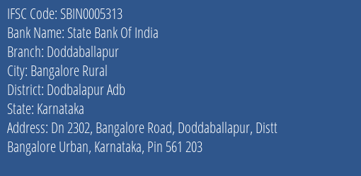 State Bank Of India Doddaballapur Branch Dodbalapur Adb IFSC Code SBIN0005313