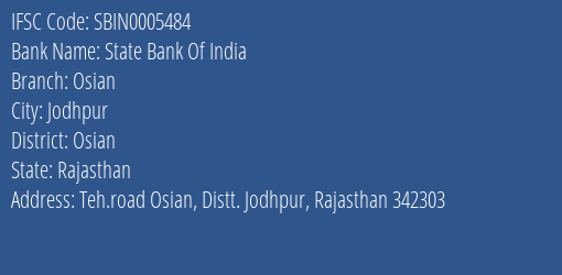 State Bank Of India Osian Branch Osian IFSC Code SBIN0005484
