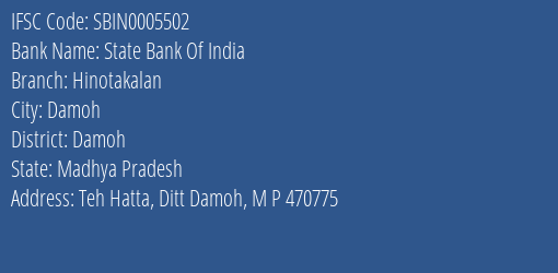 State Bank Of India Hinotakalan Branch, Branch Code 005502 & IFSC Code SBIN0005502