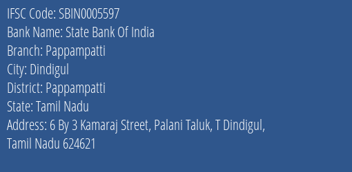 State Bank Of India Pappampatti Branch Pappampatti IFSC Code SBIN0005597