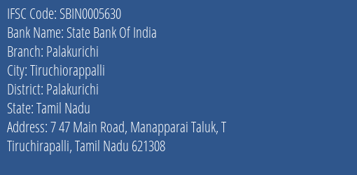 State Bank Of India Palakurichi Branch Palakurichi IFSC Code SBIN0005630