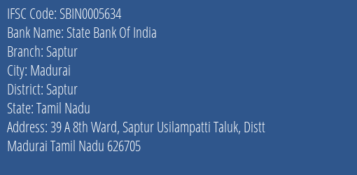 State Bank Of India Saptur Branch Saptur IFSC Code SBIN0005634