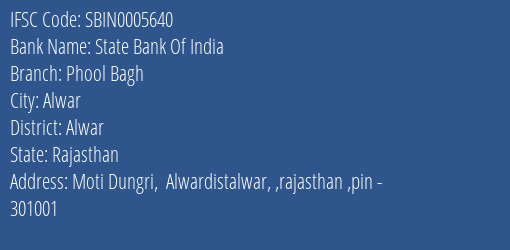 State Bank Of India Phool Bagh Branch, Branch Code 005640 & IFSC Code SBIN0005640