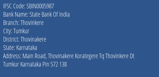State Bank Of India Thovinkere Branch Thovinakere IFSC Code SBIN0005987