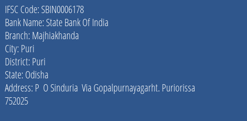 State Bank Of India Majhiakhanda Branch Puri IFSC Code SBIN0006178