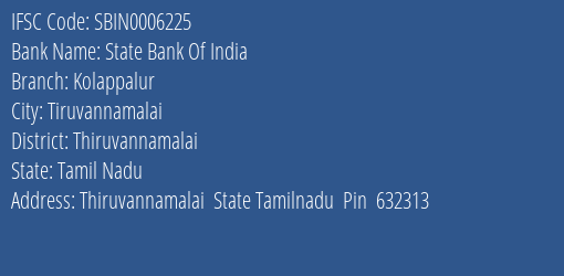 State Bank Of India Kolappalur Branch Thiruvannamalai IFSC Code SBIN0006225