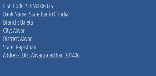 State Bank Of India Baleta Branch, Branch Code 006325 & IFSC Code SBIN0006325