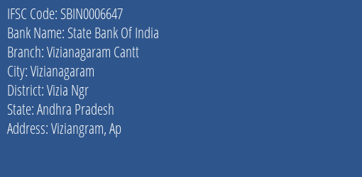 State Bank Of India Vizianagaram Cantt Branch Vizia Ngr IFSC Code SBIN0006647