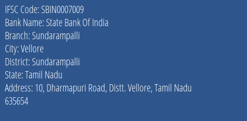 State Bank Of India Sundarampalli Branch Sundarampalli IFSC Code SBIN0007009