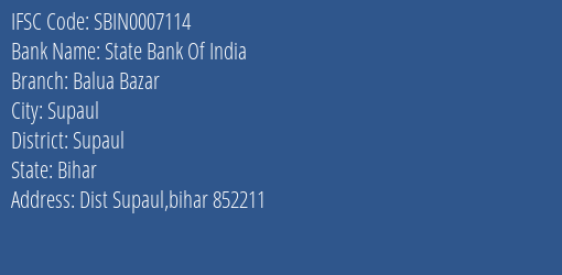 State Bank Of India Balua Bazar Branch Supaul IFSC Code SBIN0007114