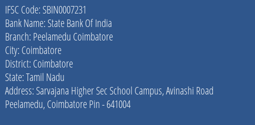State Bank Of India Peelamedu Coimbatore Branch Coimbatore IFSC Code SBIN0007231
