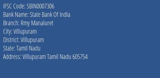 State Bank Of India Rmy Manaluret Branch, Branch Code 007306 & IFSC Code Sbin0007306