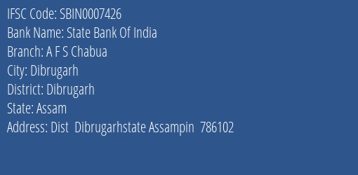 State Bank Of India A F S Chabua Branch Dibrugarh IFSC Code SBIN0007426