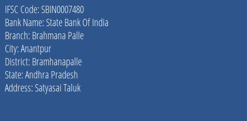 State Bank Of India Brahmana Palle Branch Bramhanapalle IFSC Code SBIN0007480