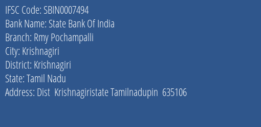 State Bank Of India Rmy Pochampalli Branch Krishnagiri IFSC Code SBIN0007494