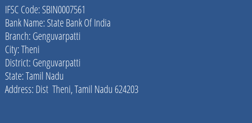 State Bank Of India Genguvarpatti Branch, Branch Code 007561 & IFSC Code Sbin0007561