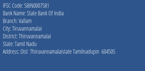 State Bank Of India Vallam Branch Thiruvannamalai IFSC Code SBIN0007581
