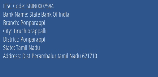 State Bank Of India Ponparappi Branch Ponparappi IFSC Code SBIN0007584