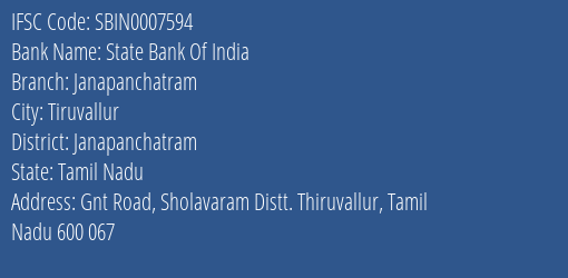 State Bank Of India Janapanchatram Branch, Branch Code 007594 & IFSC Code Sbin0007594