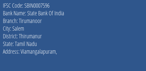 State Bank Of India Tirumanoor Branch Thirumanur IFSC Code SBIN0007596
