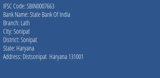 State Bank Of India Lath Branch Sonipat IFSC Code SBIN0007663