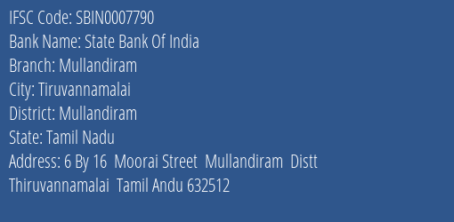 State Bank Of India Mullandiram Branch Mullandiram IFSC Code SBIN0007790