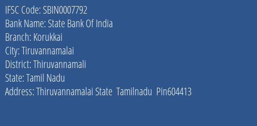 State Bank Of India Korukkai Branch Thiruvannamali IFSC Code SBIN0007792