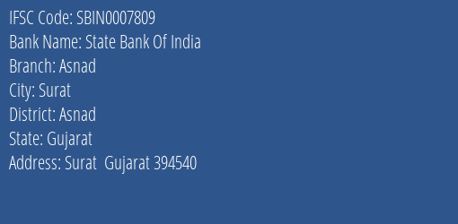 State Bank Of India Asnad Branch Asnad IFSC Code SBIN0007809