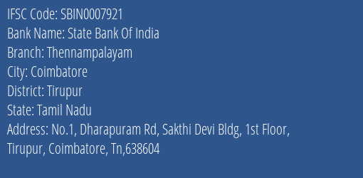 State Bank Of India Thennampalayam Branch, Branch Code 007921 & IFSC Code Sbin0007921