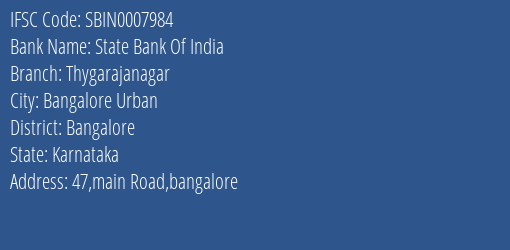 State Bank Of India Thygarajanagar Branch Bangalore IFSC Code SBIN0007984