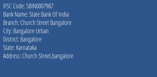 State Bank Of India Church Street Bangalore Branch Bangalore IFSC Code SBIN0007987