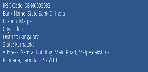 State Bank Of India Malpe Branch Bangalore IFSC Code SBIN0008032