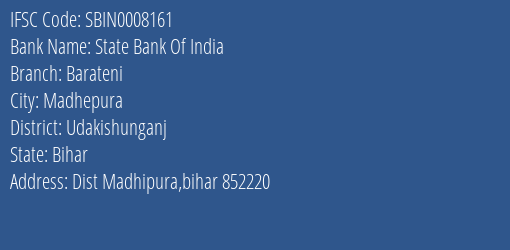 State Bank Of India Barateni Branch Udakishunganj IFSC Code SBIN0008161