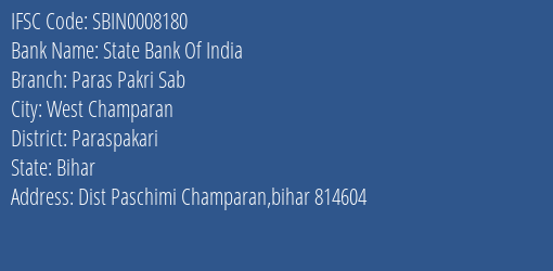 State Bank Of India Paras Pakri Sab Branch Paraspakari IFSC Code SBIN0008180