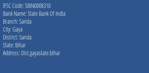 State Bank Of India Sanda Branch Sanda IFSC Code SBIN0008310