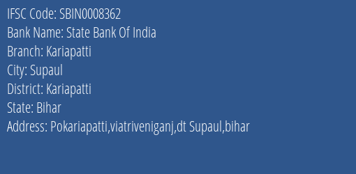 State Bank Of India Kariapatti Branch Kariapatti IFSC Code SBIN0008362