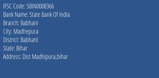 State Bank Of India Babhani Branch Babhani IFSC Code SBIN0008366