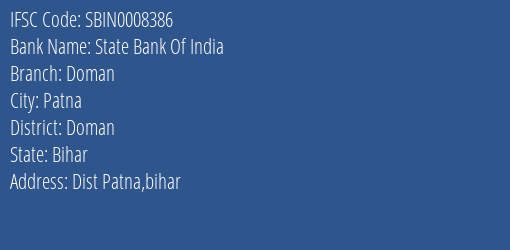 State Bank Of India Doman Branch Doman IFSC Code SBIN0008386